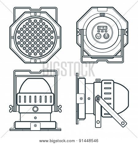 Led Par Professional Stage Lighting Projector Dark Contour Illustration Various Position.