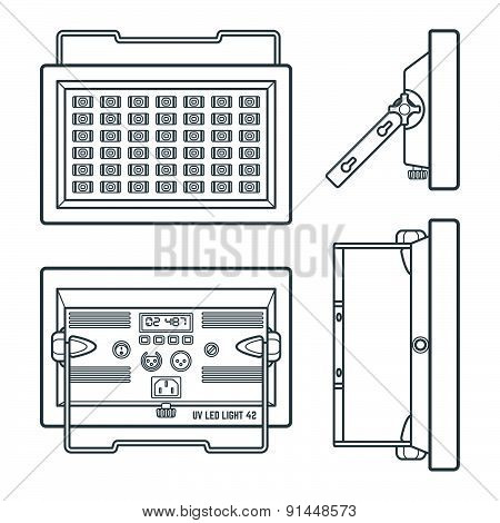 Led Ultraviolet Professional Stage Projector Dark Contour Illustration Various Position.