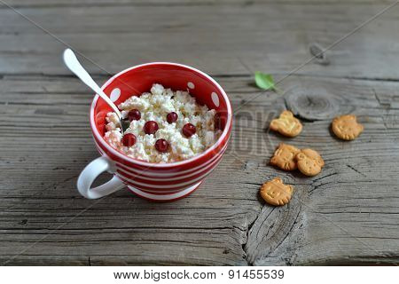 Cottage Cheese In A Red Bowl On A Wooden Surface In A Vintage Style And Biscuits