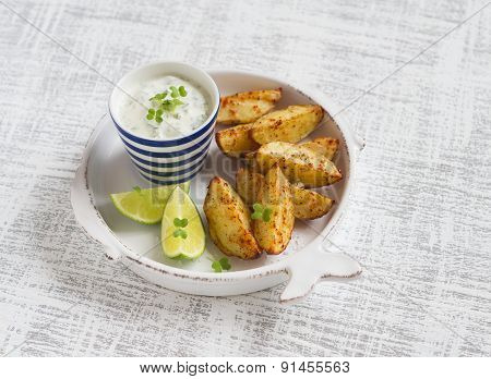Baked Potatoes In A Vintage Plate On A Light Wooden Surface