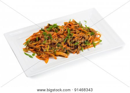 Spicy salad heh beef meat , carrots and green onions. From a series of Food Korean cuisine.