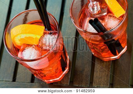 Spritz Aperitif Aperol Cocktail With Orange Slices And Ice Cubes