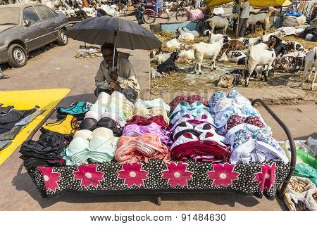 India Man Sells Colorful Bras At The Market