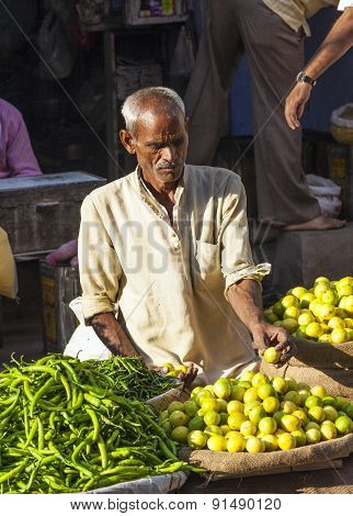Man Selling Vegetables At Chawri Bazar In Delhi, India