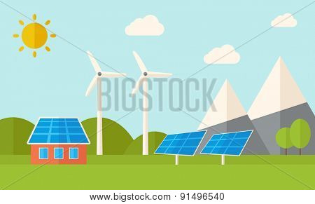 A house with alternative energy consumption, solar panel and wind mills. A Contemporary style with pastel palette, soft blue tinted background with desaturated clouds. Vector flat design illustration