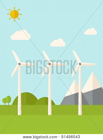 Three windmills standing under the heat of the sun. A Contemporary style with pastel palette, soft blue tinted background with desaturated clouds. Vector flat design illustration. Vertical layout.