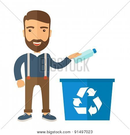 A hipster throwing plastic container into blue can with recycle symbol. A Contemporary style. Vector flat design illustration isolated white background. Square layout.