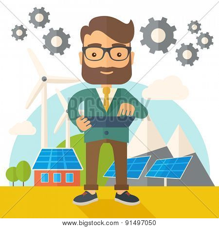 A mid adult male engineer holding a blueprint in a solar panel. A Contemporary style with pastel palette, soft beige tinted background. Vector flat design illustration. Square layout.