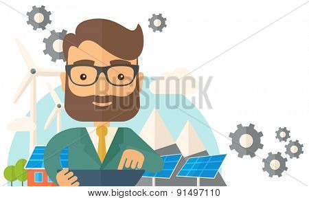 A mid adult male engineer holding a blueprint in a solar panel. A Contemporary style with pastel palette, soft beige tinted background. Vector flat design illustration. Horizontal layout with text
