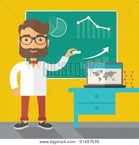 A young professor holding a chalk sketching a graphs and teaching on how to develop a business worlwide. A Contemporary style with pastel palette, dark yellow tinted background. Vector flat design