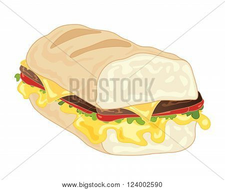 an illustration of a big sandwich with burgers melted cheese lettuce and tomato in a big french baguette on a white background