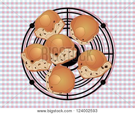 an illustration of a wire rack with buns cooling for afternoon tea on a gingham tablecloth