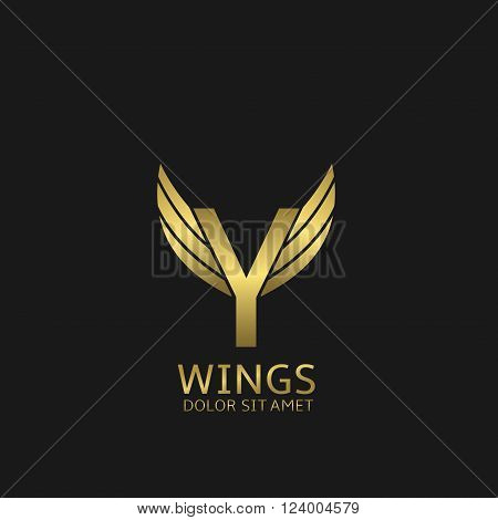 Golden Y letter logo template with golden wings