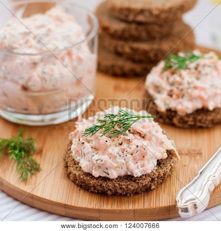 Smoked Salmon, Cream Cheese, Dill And Horseradish Pate On Rye Bread Slices