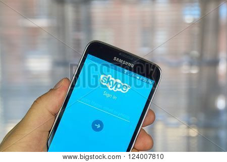 MONTREAL CANADA - MARCH 20 2016 - Skype application on android smartphone. Skype is a popular application that provides video chat and voice call services.