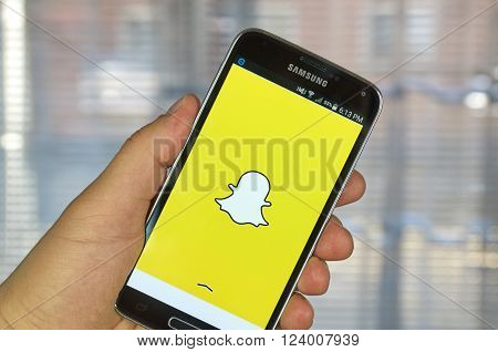 MONTREAL CANADA - MARCH 20 2016 - Snapchat application on android smartphone. Snapchat is a mobile messaging application used to share photos videos text and drawings.