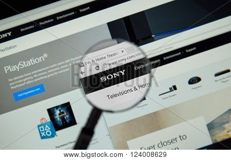MONTREAL CANADA - MARCH 25 2016 - Sony internet page under magnifying glass. Sony is a Japanese multinational conglomerate corporation