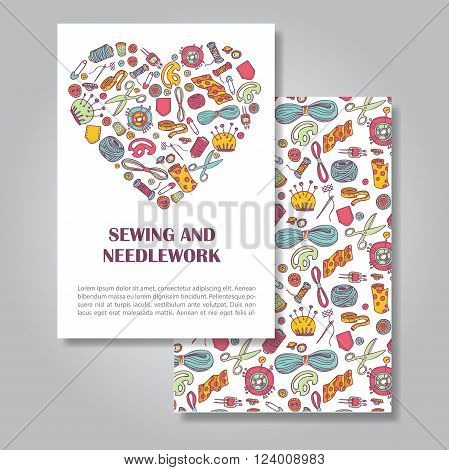 Two sides invitation card design with sewing and needlework illustration background. Vector design template for card letter banner flyer.Can by used to promote your products and services.