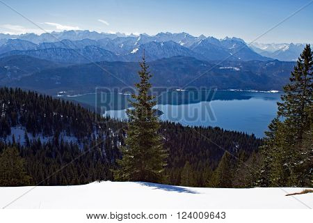 Winter scenery at bavarian alps lake walchensee