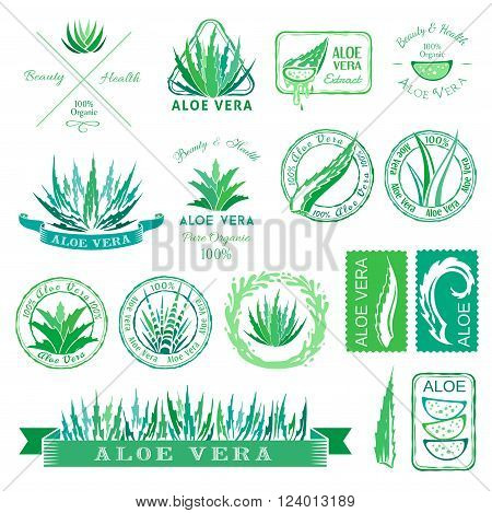 Aloe vera design elements. Aloe badges, banners, icons and other decorations. Stencil style.