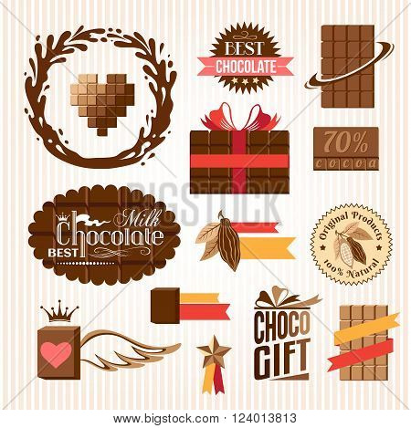 Set of chocolate decorative elements and emblems. Banners, stickers and icons.