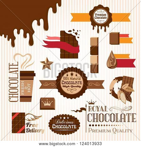 Set of chocolate decorative elements and emblems. Banners, stickers and icons.