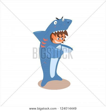 Boy Desguised As Shark Flat Isolated Vector Image In Cartoon Style On White Background