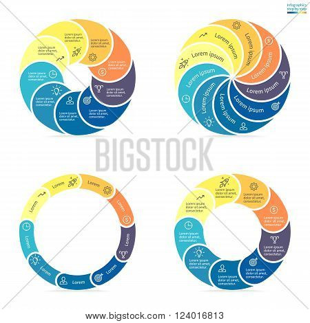 Circular infographics step by step with rounded colored sections. Set of flat pie charts. Chart, diagram with 9 steps, options, parts, processes. Vector circle template in blue and yellow.