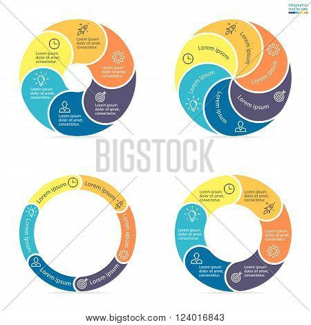 Circular infographics step by step with rounded colored sections. Set of flat pie charts. Chart, diagram with 6 steps, options, parts, processes. Vector circle template in blue and yellow.