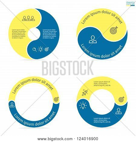 Circular infographics step by step with rounded colored sections. Set of flat pie charts. Chart, diagram with 2 steps, options, parts, processes. Vector circle template in blue and yellow.
