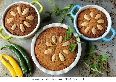 Pate with poultry meat and vegetables in casserole.
