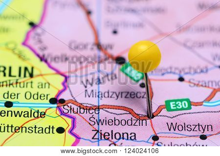 Photo of pinned Swiebodzin on a map of Poland. May be used as illustration for traveling theme.