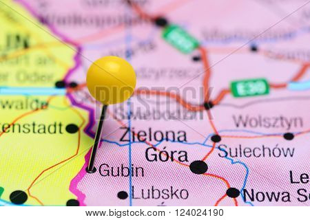 Photo of pinned Gubin on a map of Poland. May be used as illustration for traveling theme.