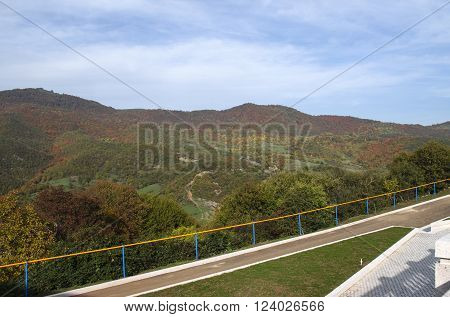 The observation platform with autumn landscape in the mountains of Gandzasar