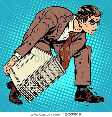 Computer tech weapon men pop art retro style. A man picks up a computer to throw it. Programmer and technology