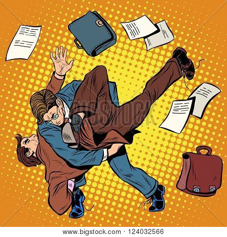 Fight men businessmen pop art retro style. Combat Sambo. Business competition