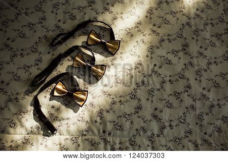 Closeup of many decorative beautiful golden male accessory of formal clothes of bow tie laying on fabric for wedding ceremony horizontal picture