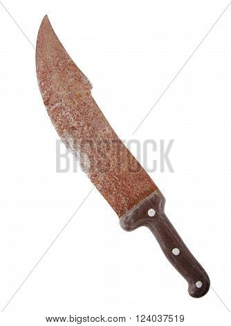 old rusty metal knife closeup on white
