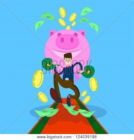 Rich Business Man Hold Money Dollar Sack Coin Piggy Bank Flat Vector Illustration