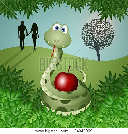 an illustration of snake with the fruit of sin