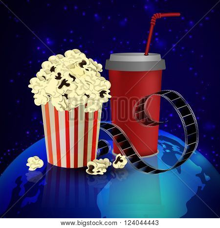 Popcorn and movie film  on dark space background