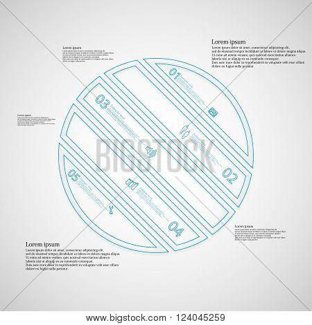 Illustration infographic template with circle askew divided to five parts created by double outlines from blue color. Each part has own number sign and text. Background is light.