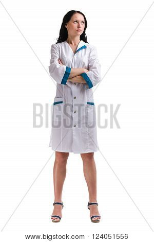 Nurse or young doctor standing isolated on white background in full body. Caucasian female model.