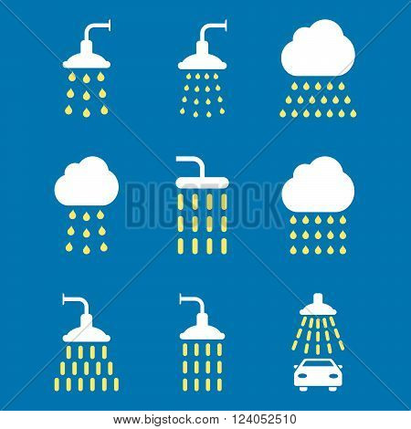 Shower vector icon set. Style is bicolor yellow and white flat symbols isolated on a blue background.