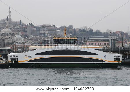 ISTANBUL TURKEY - FEBRUARY 28 2016: Sehir Hatlari ferry waiting in Eminonu Port. Sehir Hatlari was established in 1844 and now carry 150000 passengers a day.