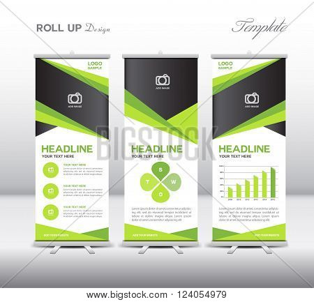 Green Roll Up Banner template and info graphics vector illustration for business