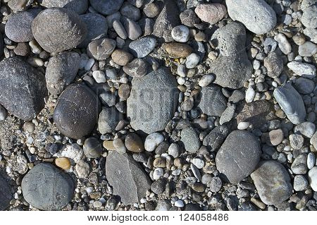 Coastal pebbles of different shapes and colors on a grey ground.  It fills completely the whole space of picture. Suitable for background or texture. View from top.