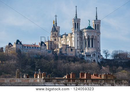 The Basilica of Notre Dame de Fourviere located on the Fourviere hill Lyon France.