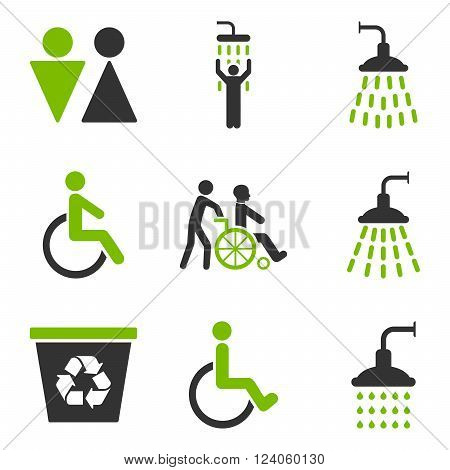 Toilet and Shower vector icon set. Style is bicolor eco green and gray flat symbols isolated on a white background.