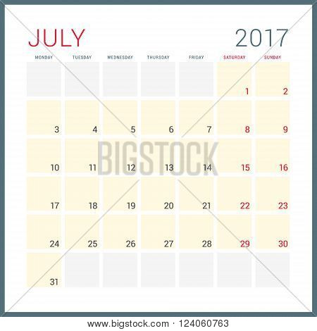 Calendar Planner For 2017 Year. Vector Flat Design Template. July. Week Starts Monday. Stationery De